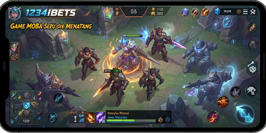 Screenshot 1234BETS menampilkan aksi intens dalam pertarungan MOBA.