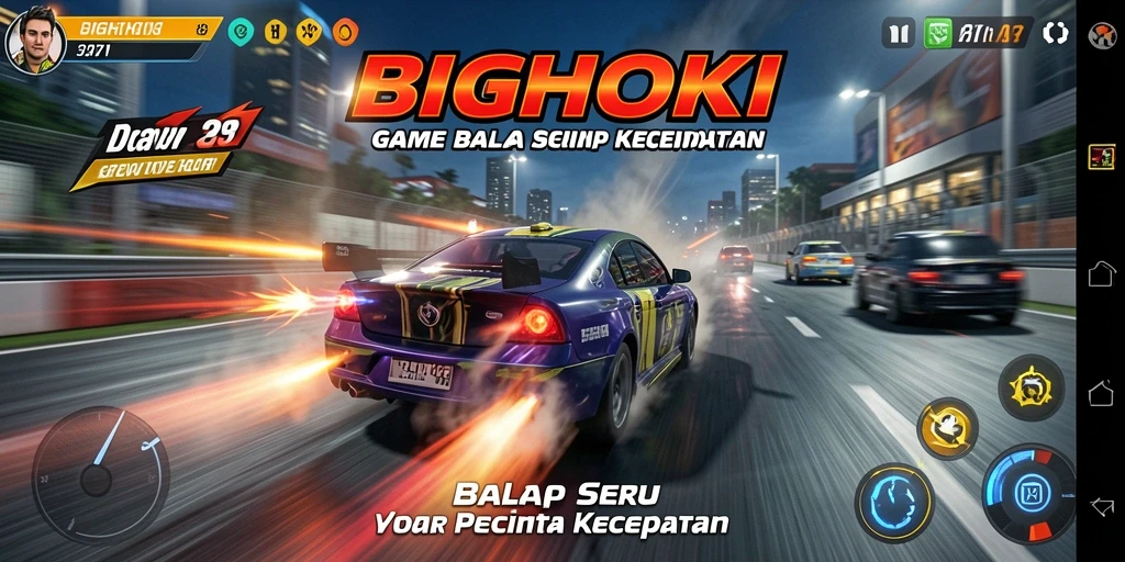Tampilan gameplay BIGHOKI dengan aksi balapan yang mendebarkan.
