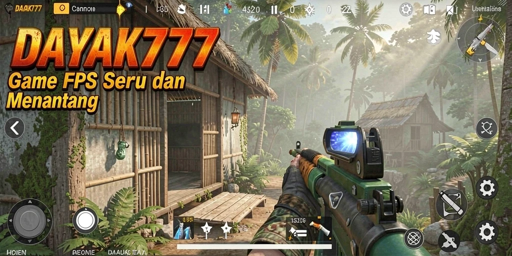 Screenshot DAYAK777 memperlihatkan aksi tembak-menembak yang intens dalam lingkungan yang detail.