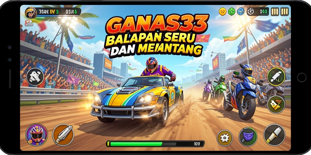 Screenshot gameplay GANAS33 menampilkan balapan yang mendebarkan dan mobil cepat.