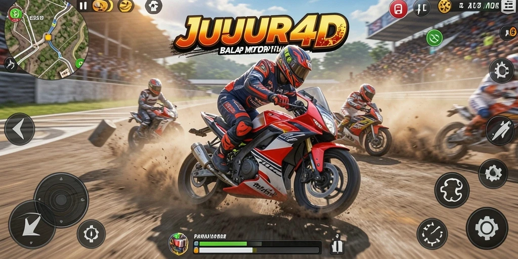 Tampilan utama gameplay JUJUR4D dengan aksi balap motor yang mendebarkan.