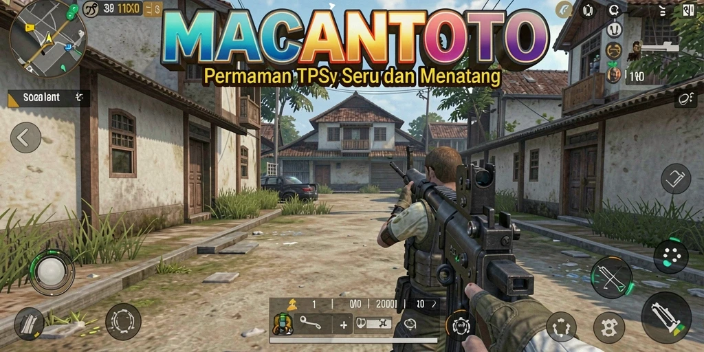 Screenshot utama game MACANTOTO menampilkan pertempuran TPS yang mendebarkan.