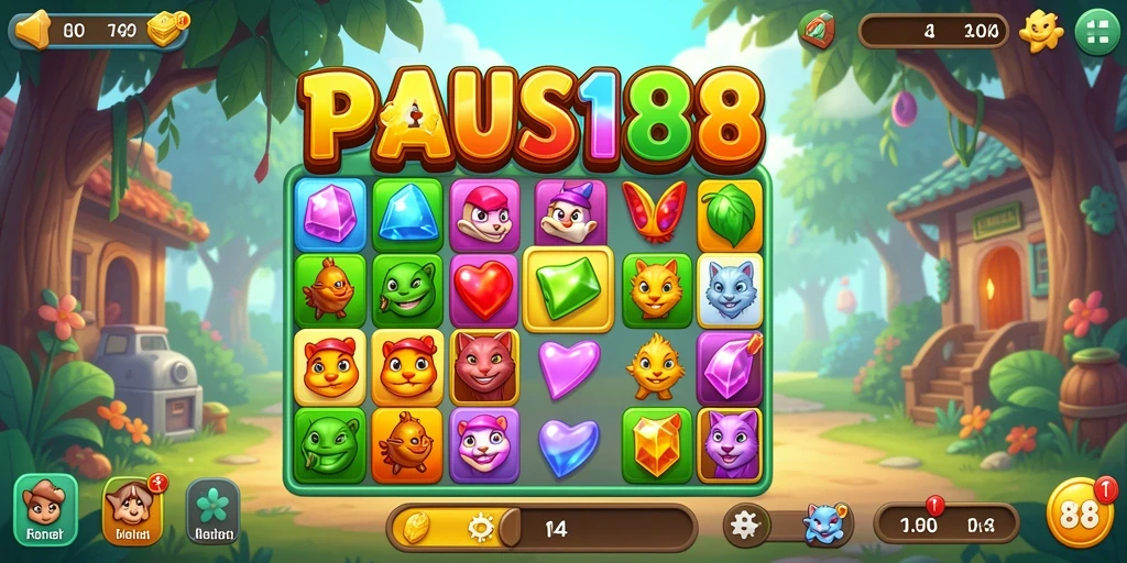 Tampilan gameplay PAUS188 dengan grafis Match-3 yang ceria.