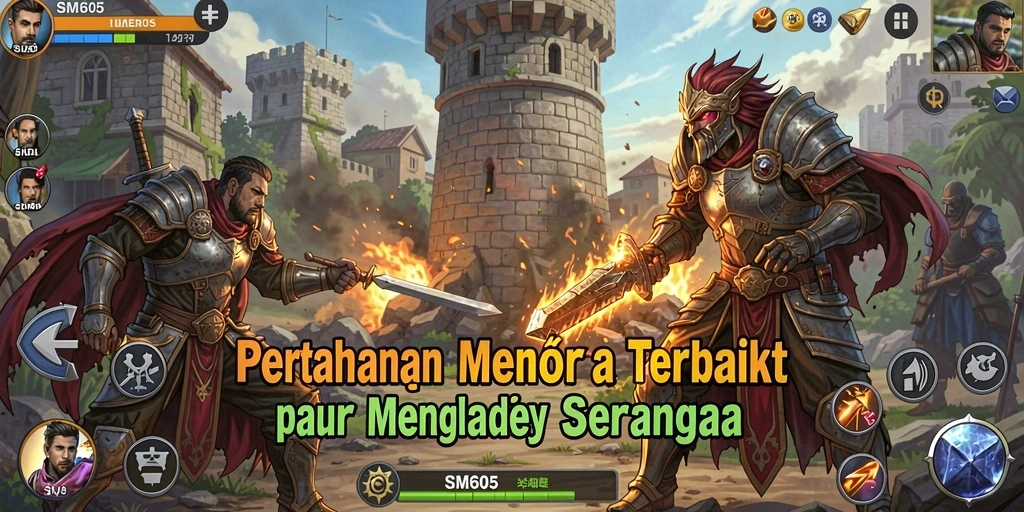Screenshot SM605 yang menunjukkan strategi menara bertahan.