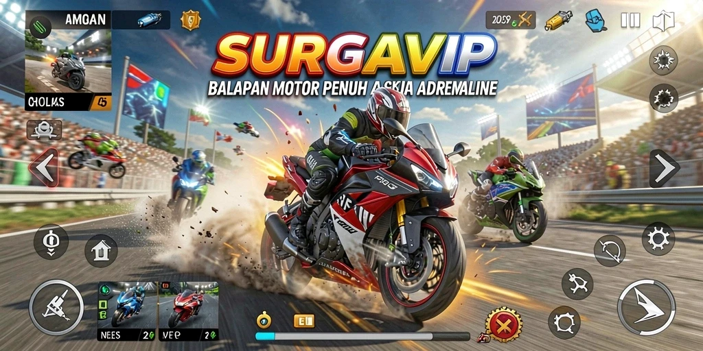 Gameplay mendebarkan dalam SURGAVIP untuk balapan motor.