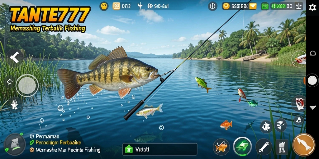 Gameplay seru dalam TANTE777 dengan pemandangan memancing yang menarik.