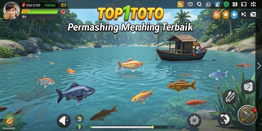 Tampilan gameplay TOP1TOTO yang menampilkan keindahan alam dan aksi memancing.